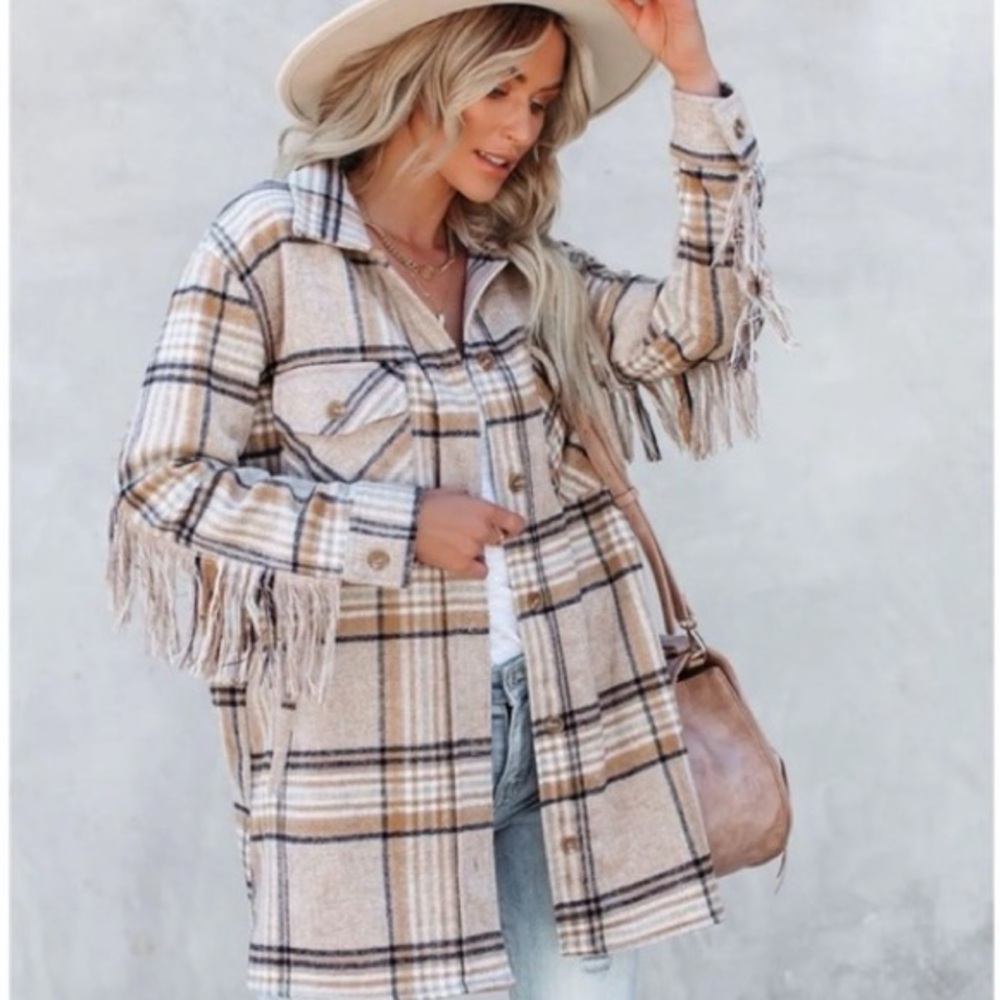 FORE Give Thanks Plaid Button Front Fringe Jacket with Pockets
